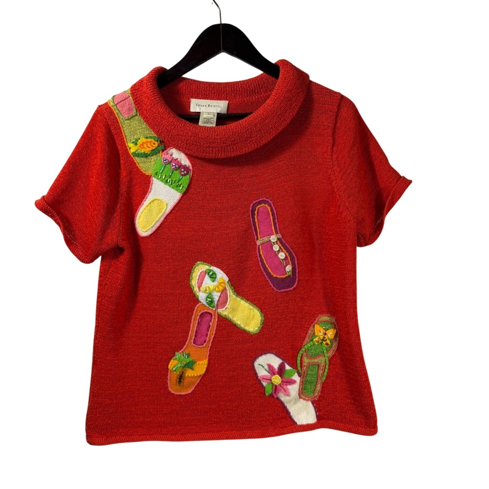 Susan Bristol Red Hand‎ Embroidered Beaded Sandal Knit Sweater Top Womens Large